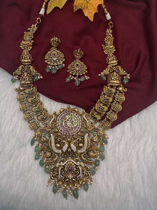 Nakshi Goddess Lakshmi Peacock Matte Antique Mid Length Statement Necklace - 