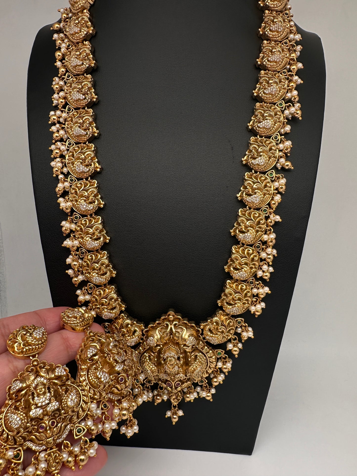 Nakshi Goddess Lakshmi Peacock Matte Long Statement Necklace - 
