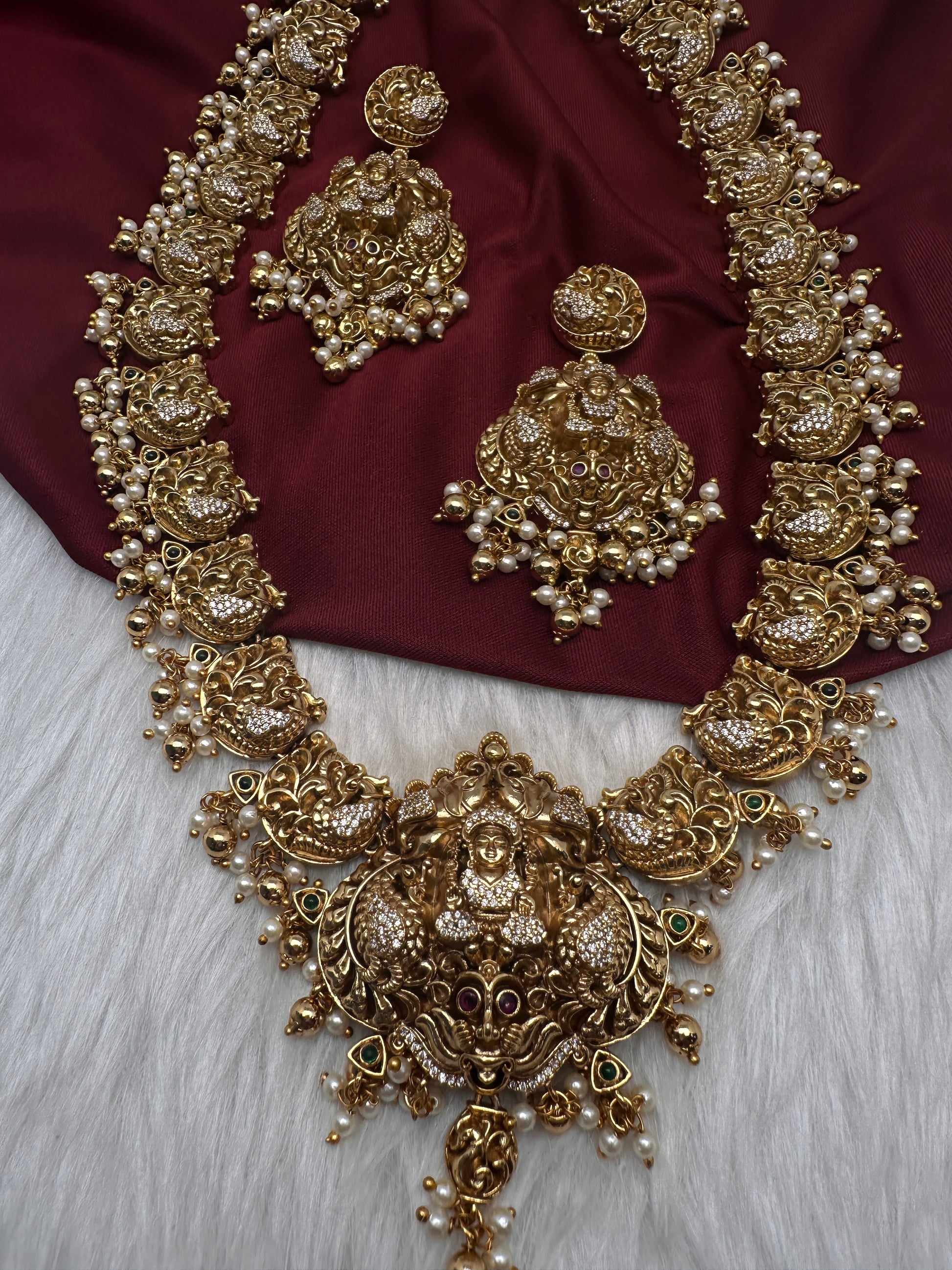 Nakshi Goddess Lakshmi Peacock Matte Long Statement Necklace - 