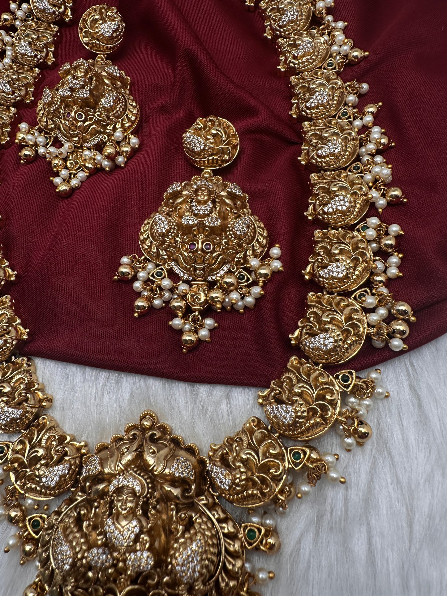 Nakshi Goddess Lakshmi Peacock Matte Long Statement Necklace - 
