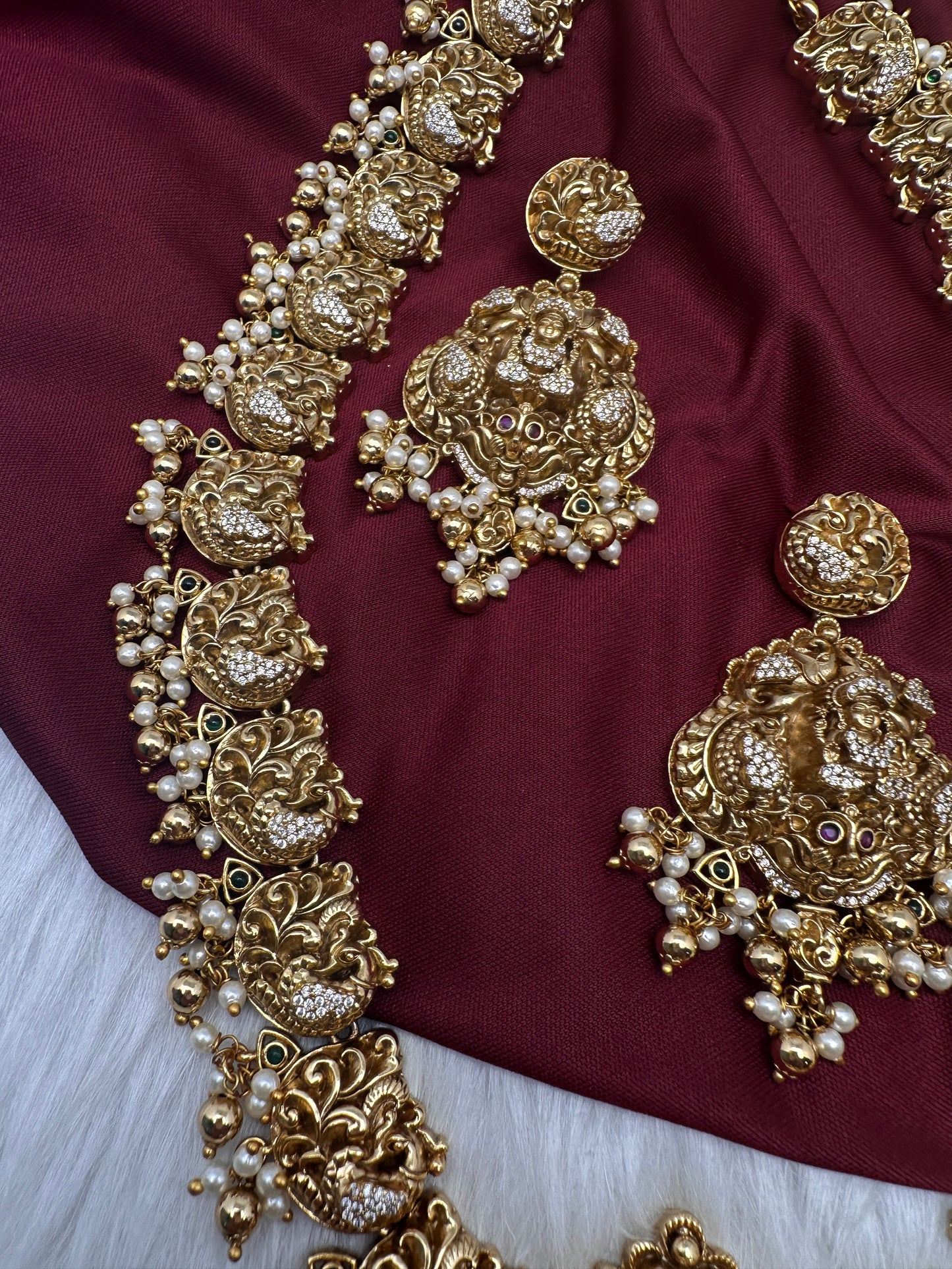 Nakshi Goddess Lakshmi Peacock Matte Long Statement Necklace - 