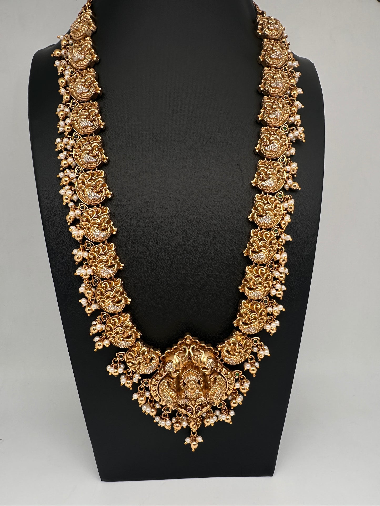 Nakshi Goddess Lakshmi Peacock Matte Long Statement Necklace - 