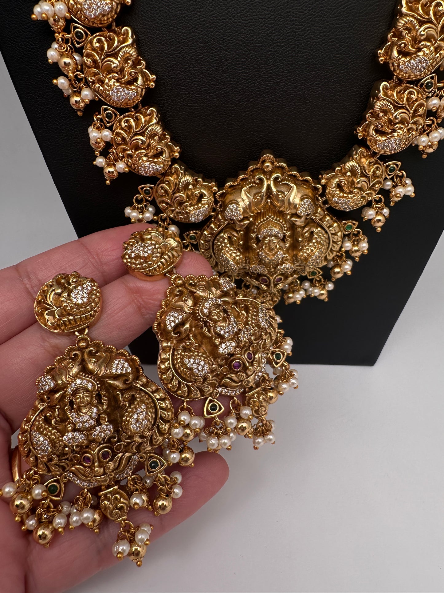 Nakshi Goddess Lakshmi Peacock Matte Long Statement Necklace - 
