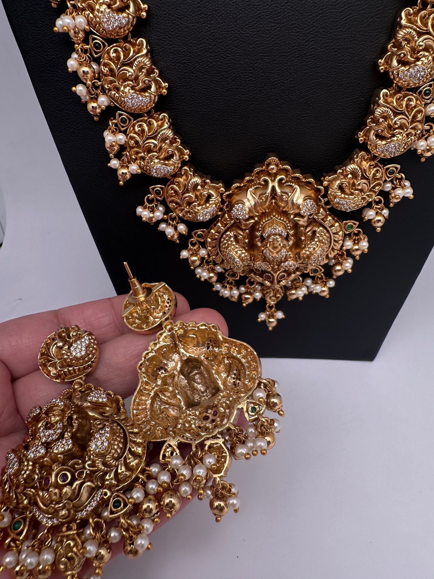 Nakshi Goddess Lakshmi Peacock Matte Long Statement Necklace - 