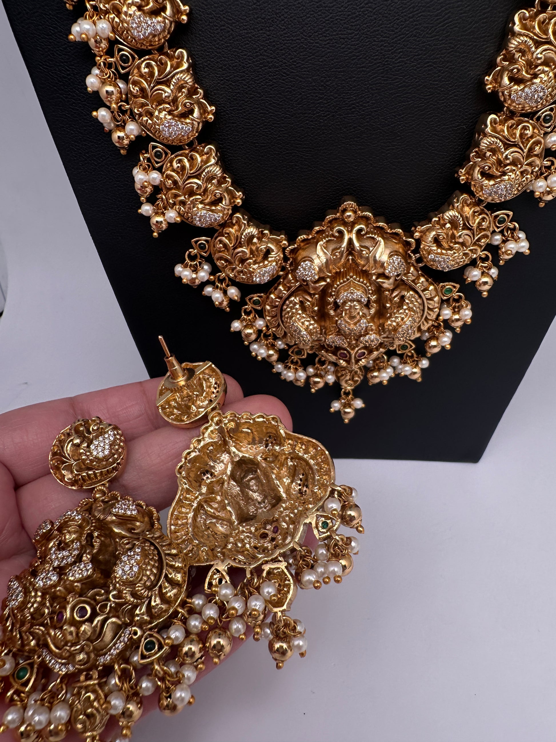 Nakshi Goddess Lakshmi Peacock Matte Long Statement Necklace - 