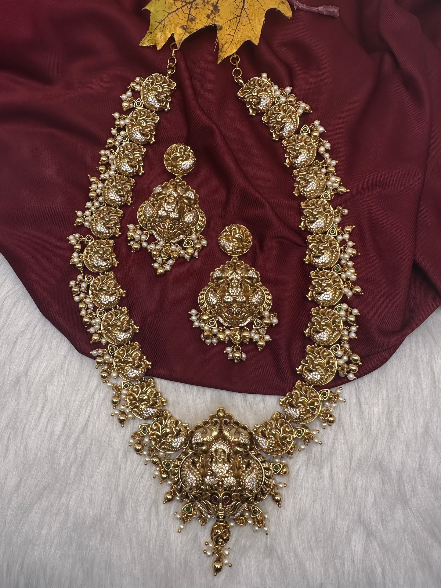 Nakshi Goddess Lakshmi Peacock Matte Long Statement Necklace - 