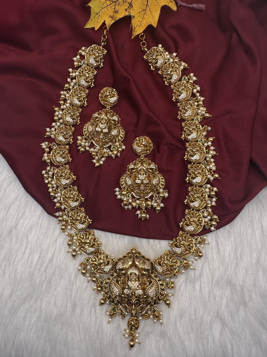 Nakshi Goddess Lakshmi Peacock Matte Long Statement Necklace - 