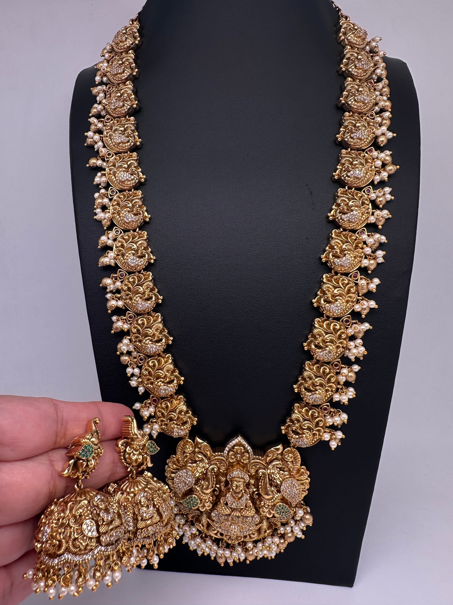 Nakshi Goddess Lakshmi Peacock Matte Long Statement Necklace with Jhumkas - 