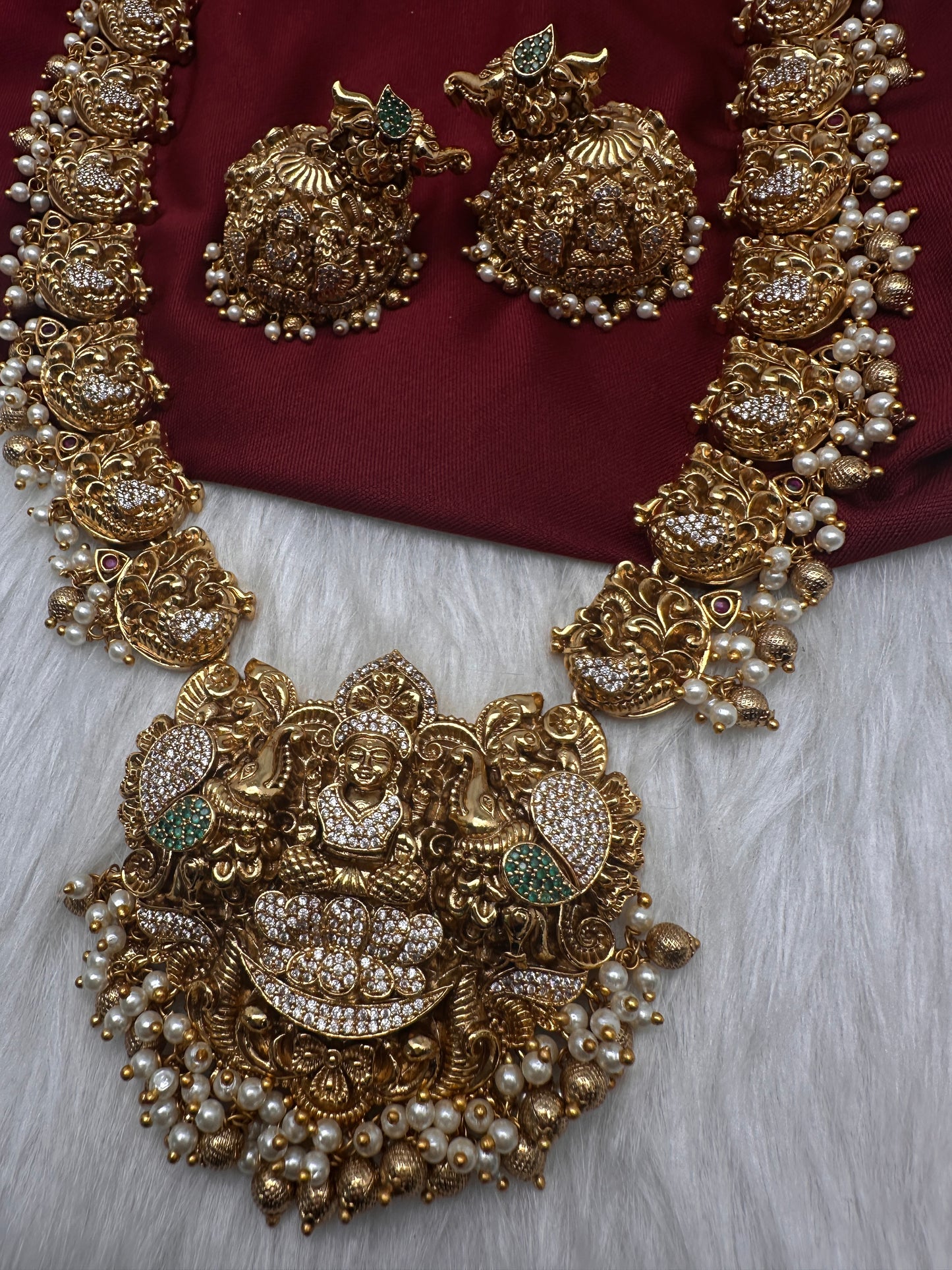 Nakshi Goddess Lakshmi Peacock Matte Long Statement Necklace with Jhumkas - 