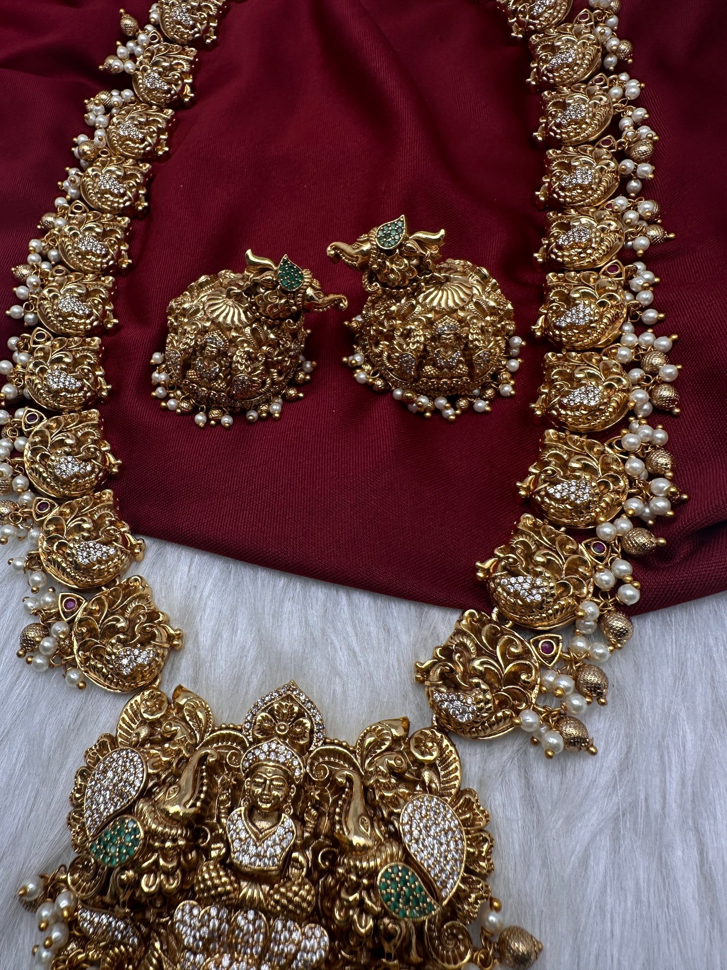 Nakshi Goddess Lakshmi Peacock Matte Long Statement Necklace with Jhumkas - 