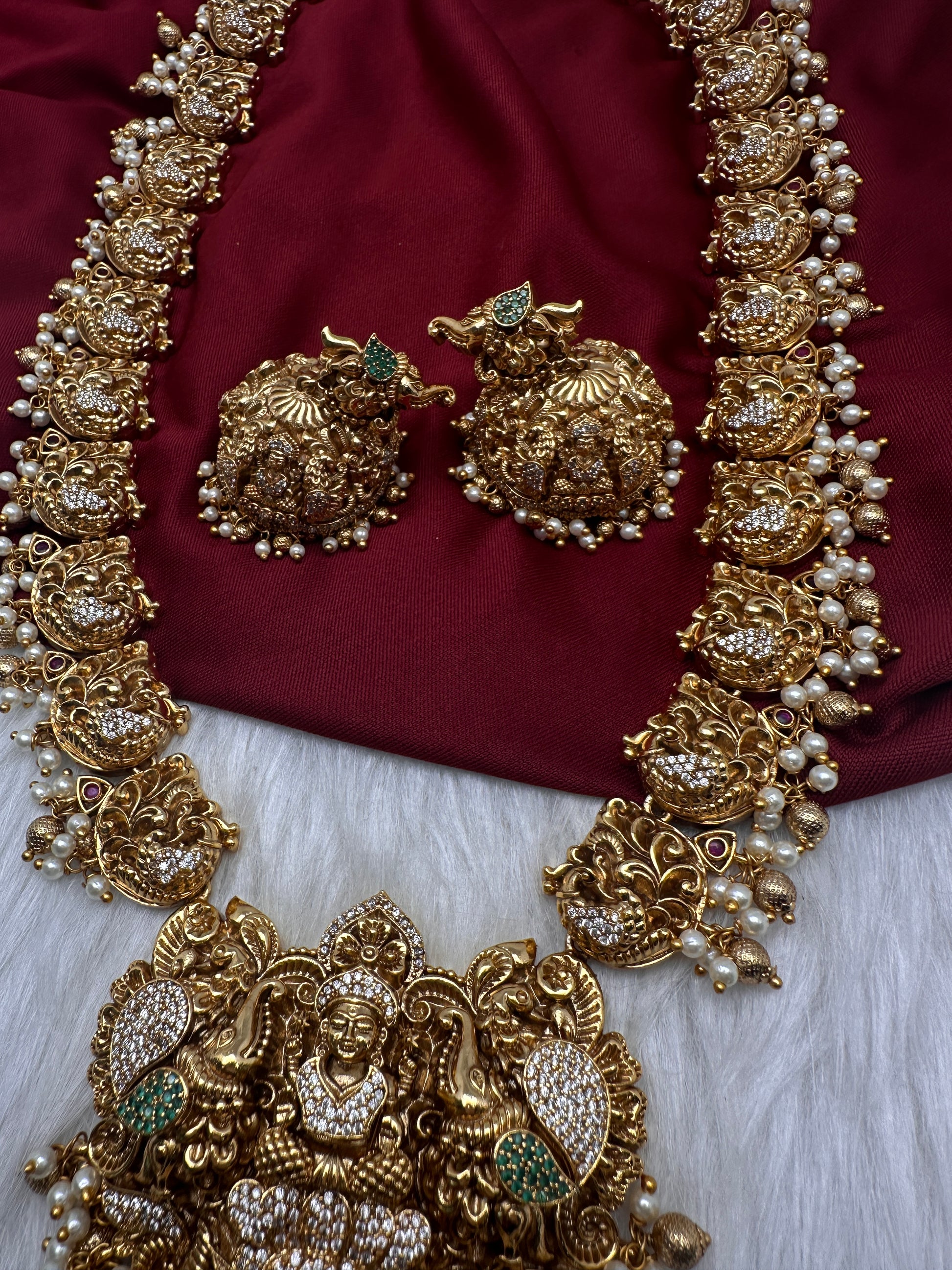 Nakshi Goddess Lakshmi Peacock Matte Long Statement Necklace with Jhumkas - 