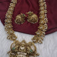Nakshi Goddess Lakshmi Peacock Matte Long Statement Necklace with Jhumkas - 