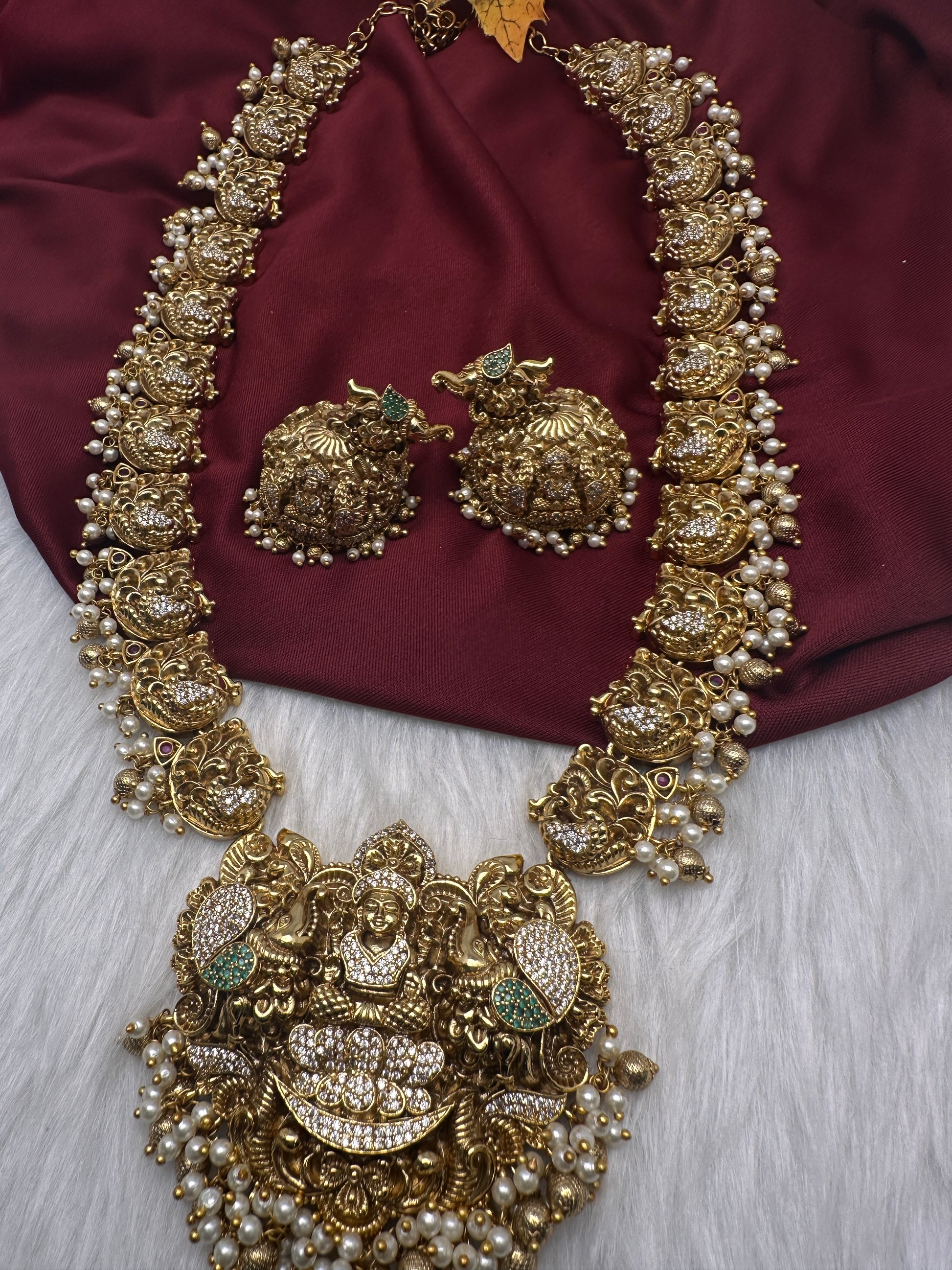 Nakshi Goddess Lakshmi Peacock Matte Long Statement Necklace with Jhumkas - 