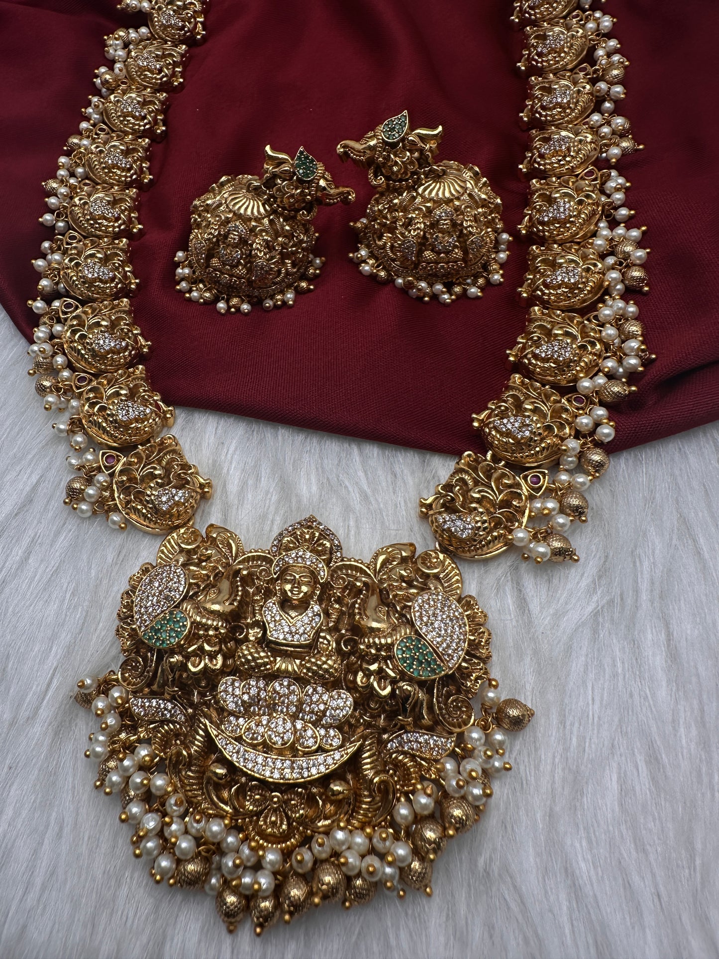 Nakshi Goddess Lakshmi Peacock Matte Long Statement Necklace with Jhumkas - 