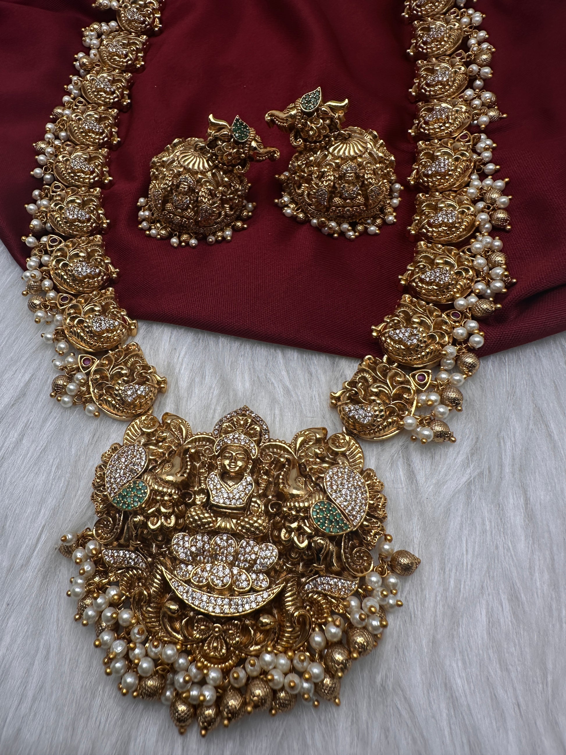 Nakshi Goddess Lakshmi Peacock Matte Long Statement Necklace with Jhumkas - 