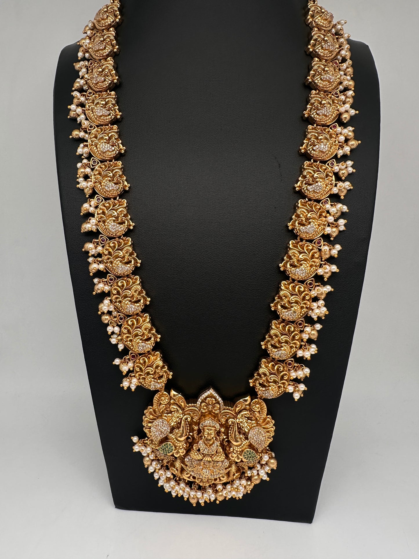 Nakshi Goddess Lakshmi Peacock Matte Long Statement Necklace with Jhumkas - 