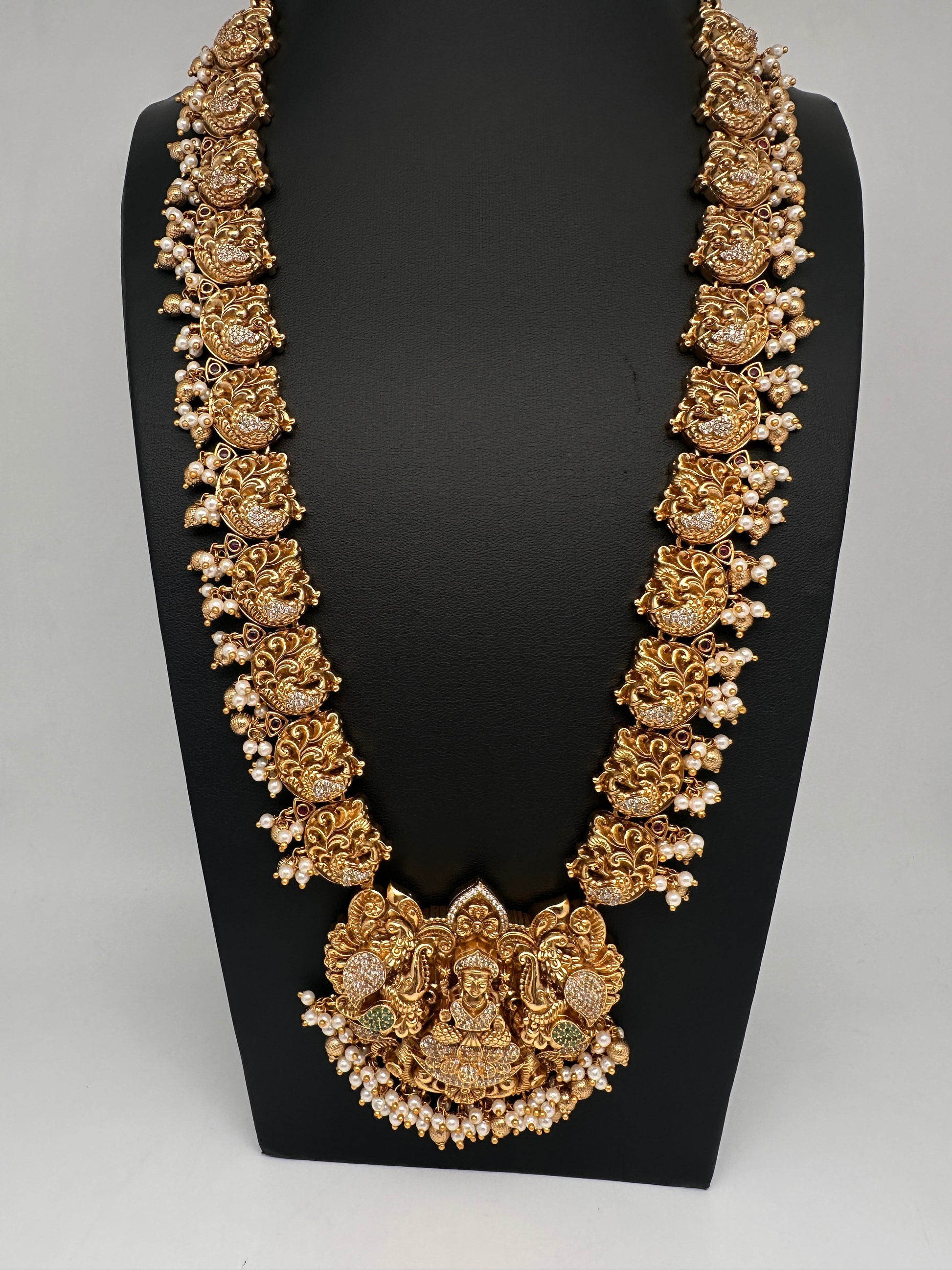 Nakshi Goddess Lakshmi Peacock Matte Long Statement Necklace with Jhumkas - 