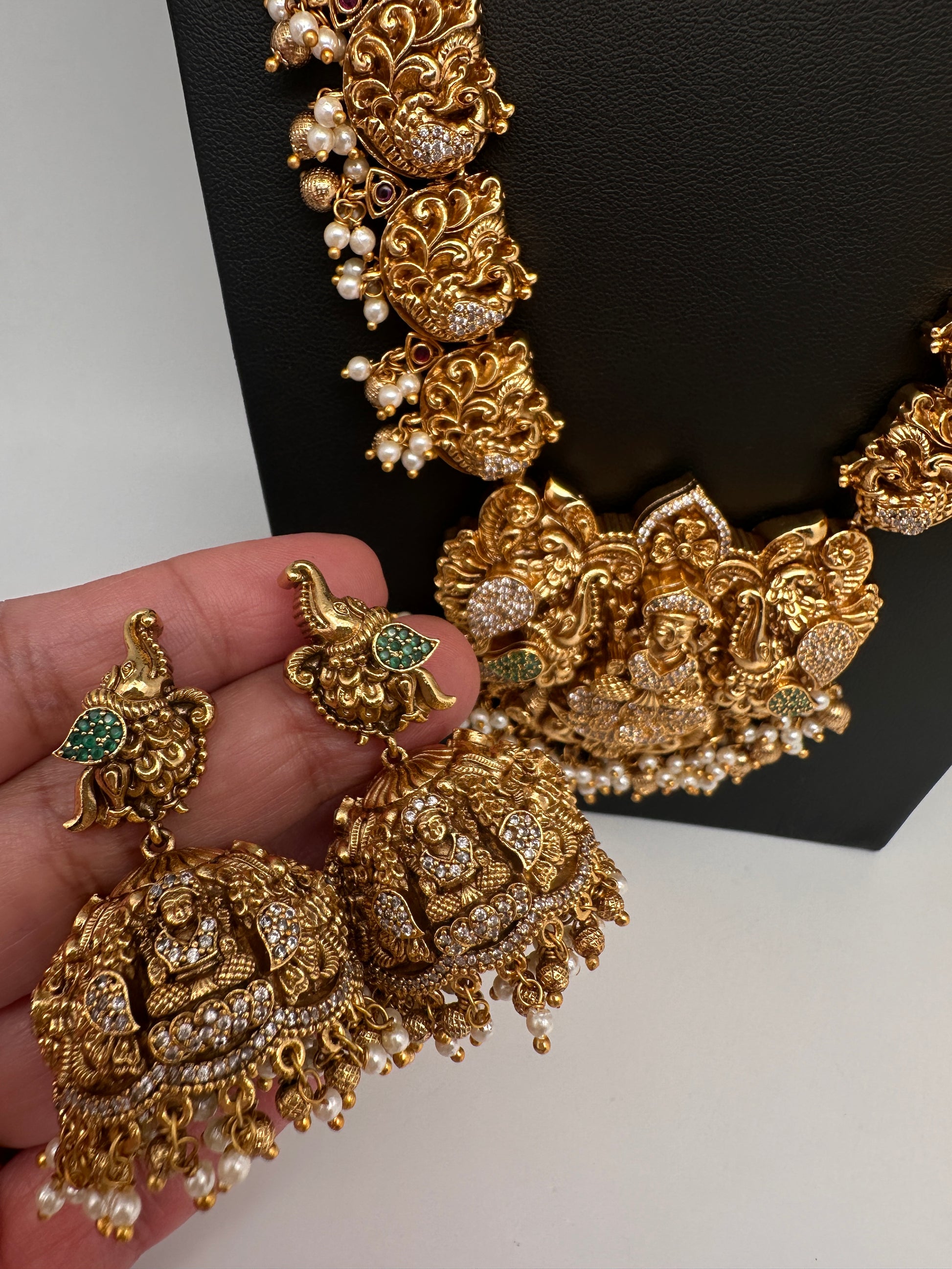 Nakshi Goddess Lakshmi Peacock Matte Long Statement Necklace with Jhumkas - 