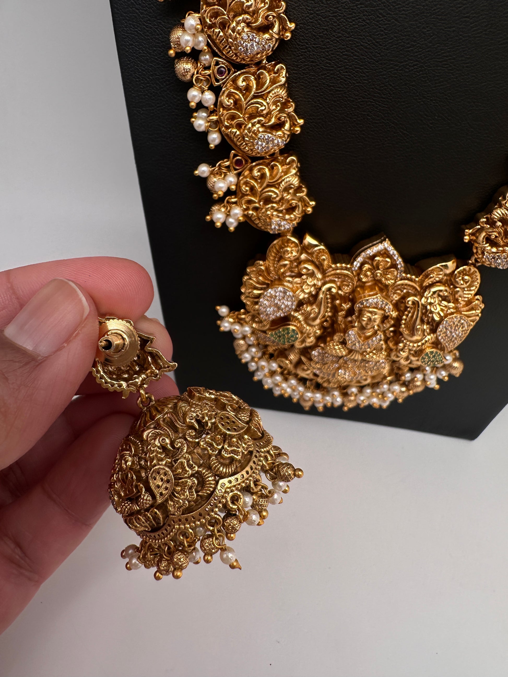 Nakshi Goddess Lakshmi Peacock Matte Long Statement Necklace with Jhumkas - 