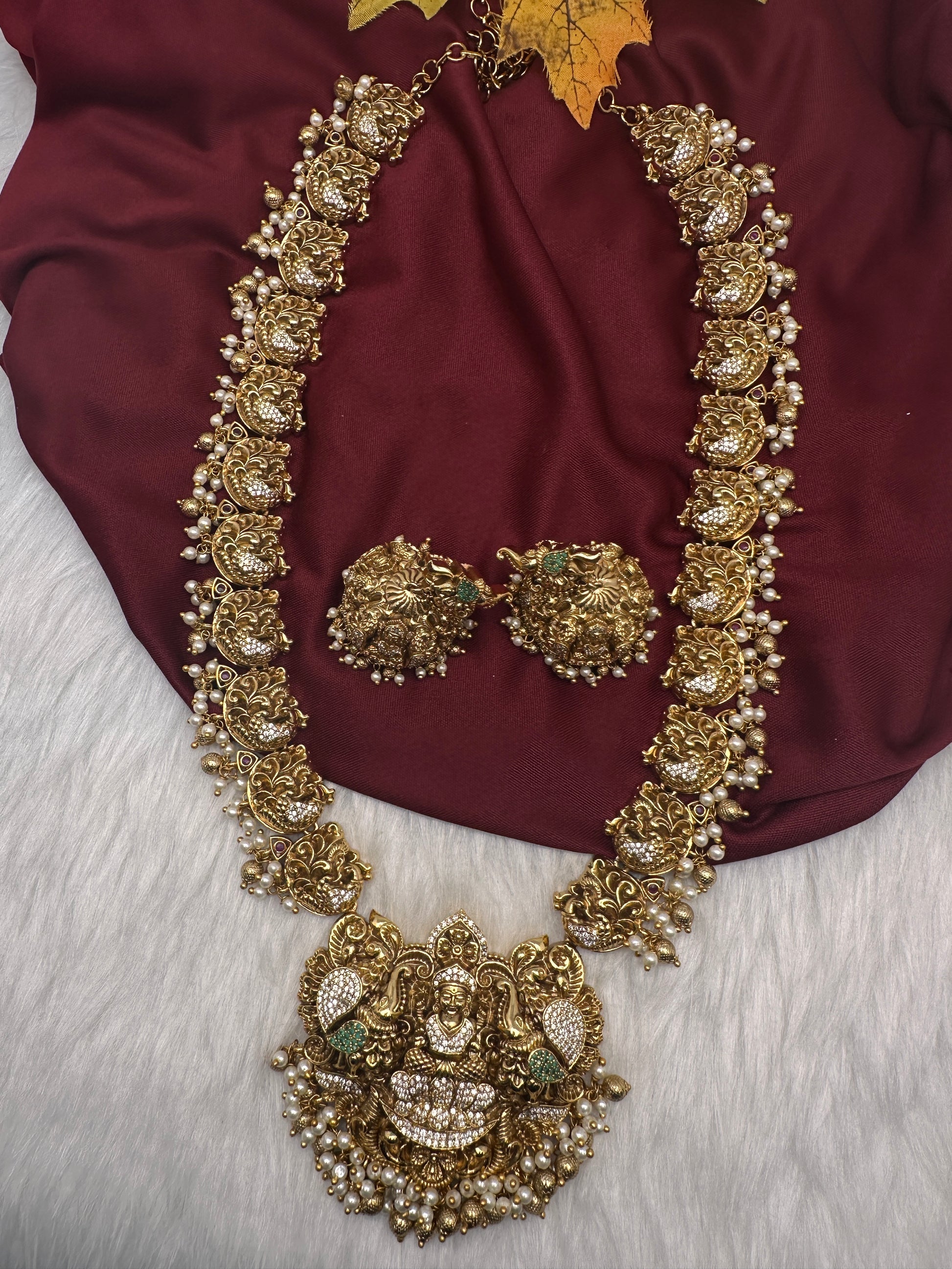 Nakshi Goddess Lakshmi Peacock Matte Long Statement Necklace with Jhumkas - 