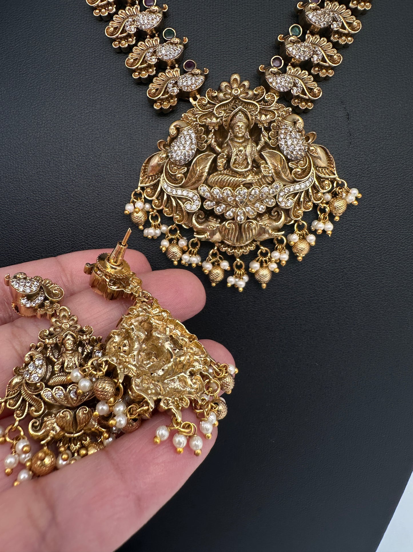 Nakshi Goddess Lakshmi Peacock Matte Antique Short Necklace - 
