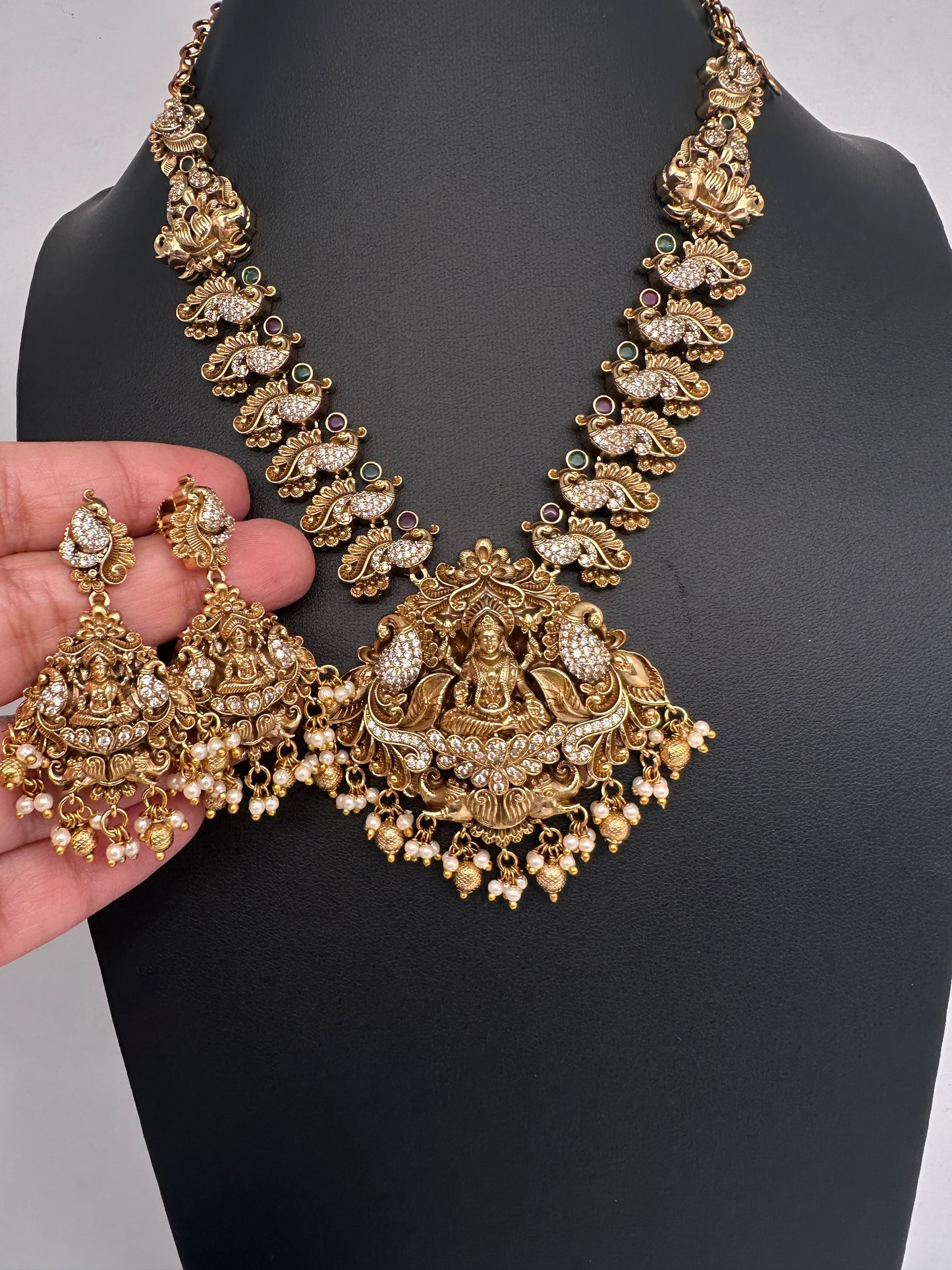 Nakshi Goddess Lakshmi Peacock Matte Antique Short Necklace - 
