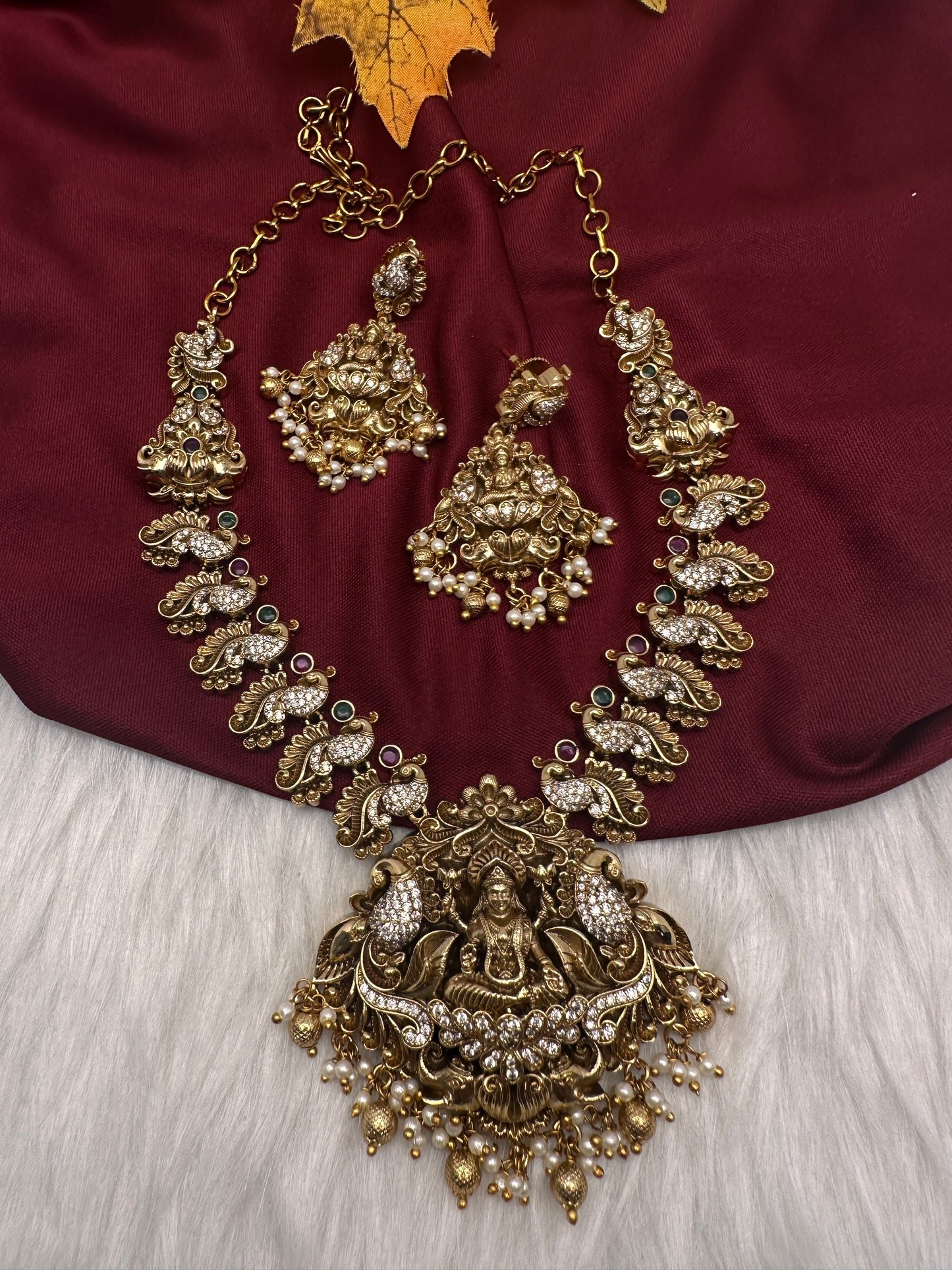 Nakshi Goddess Lakshmi Peacock Matte Antique Short Necklace - 