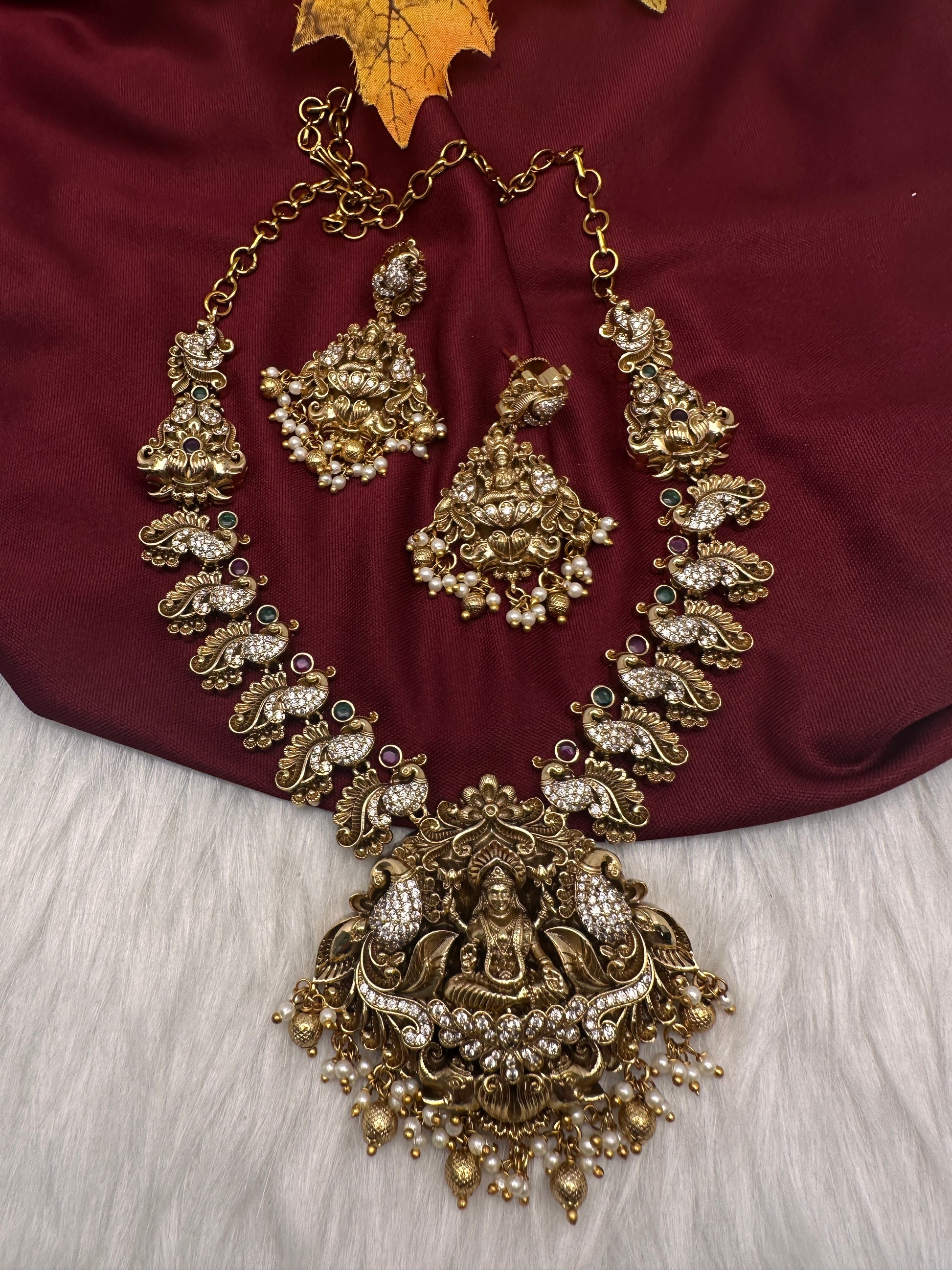 Nakshi Goddess Lakshmi Peacock Matte Antique Short Necklace - 