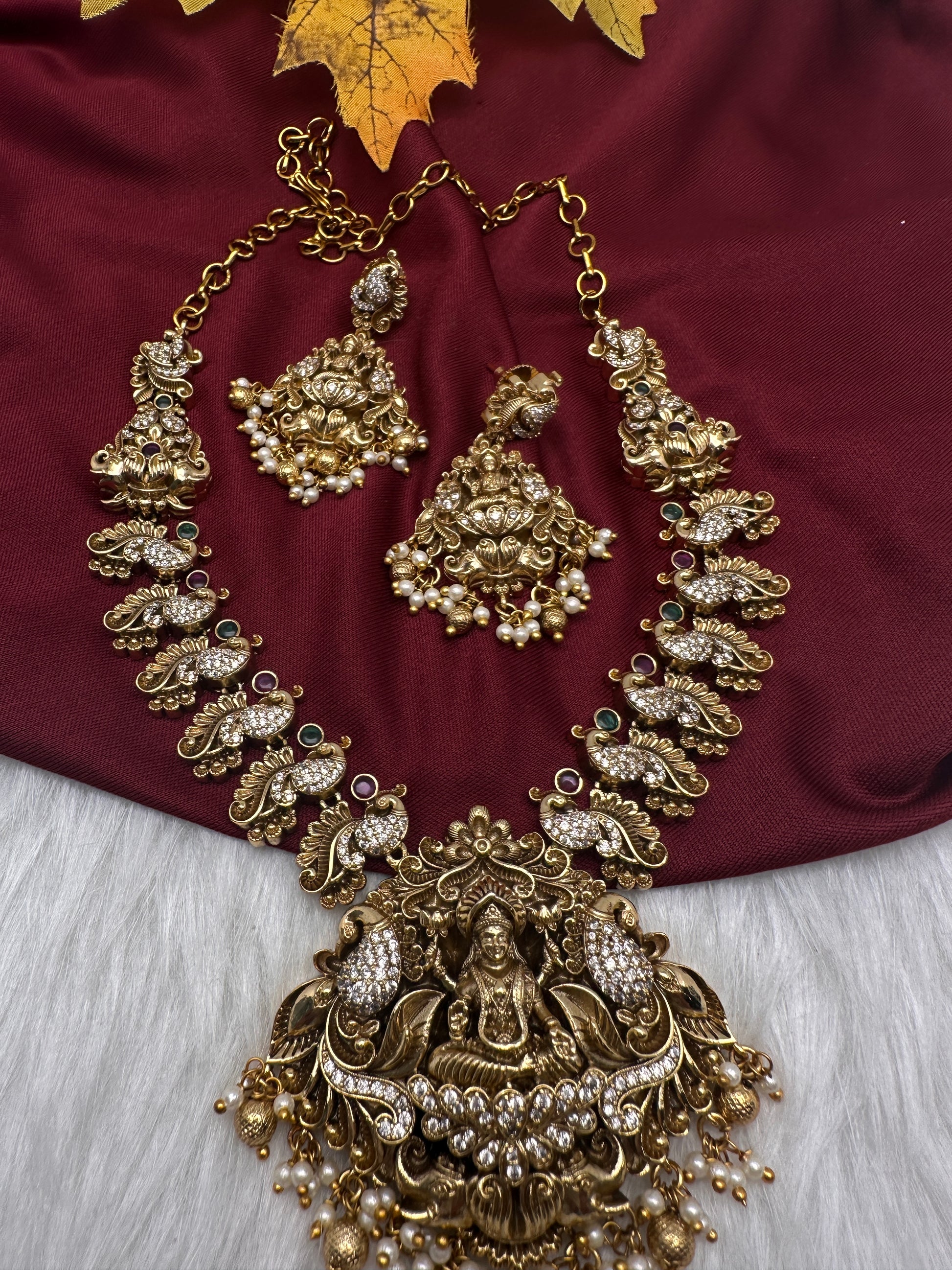Nakshi Goddess Lakshmi Peacock Matte Antique Short Necklace - 