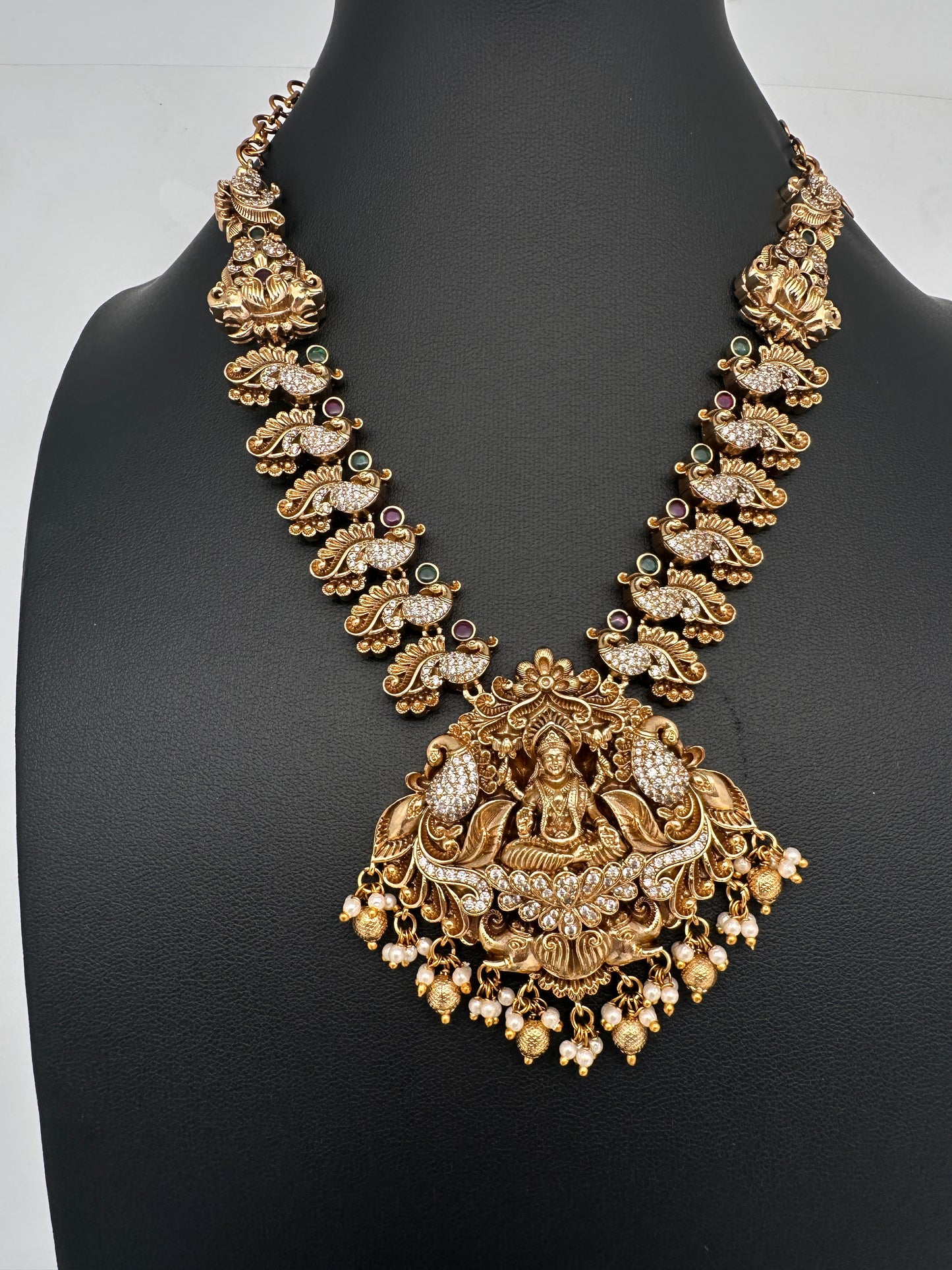 Nakshi Goddess Lakshmi Peacock Matte Antique Short Necklace - 