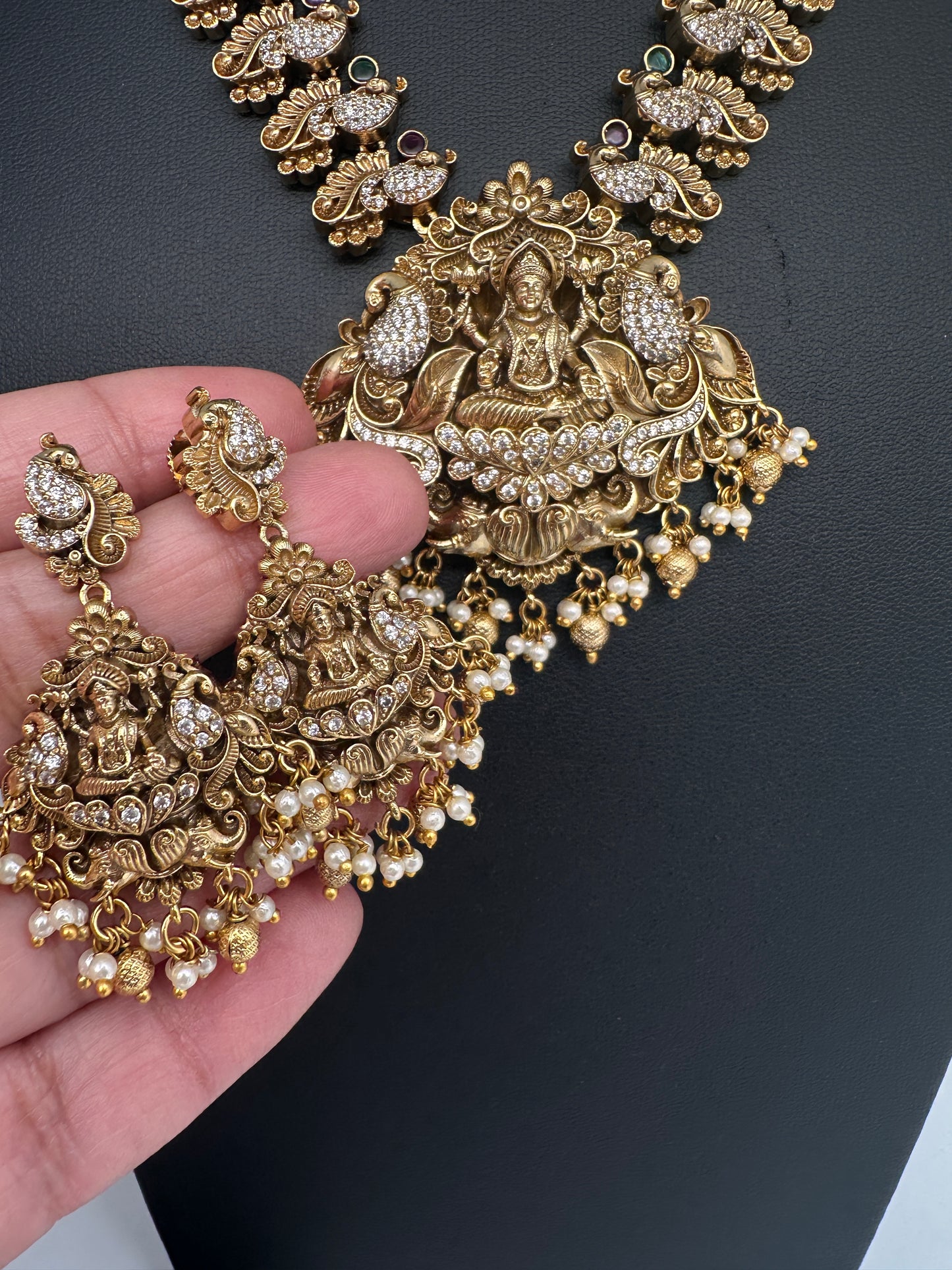 Nakshi Goddess Lakshmi Peacock Matte Antique Short Necklace - 