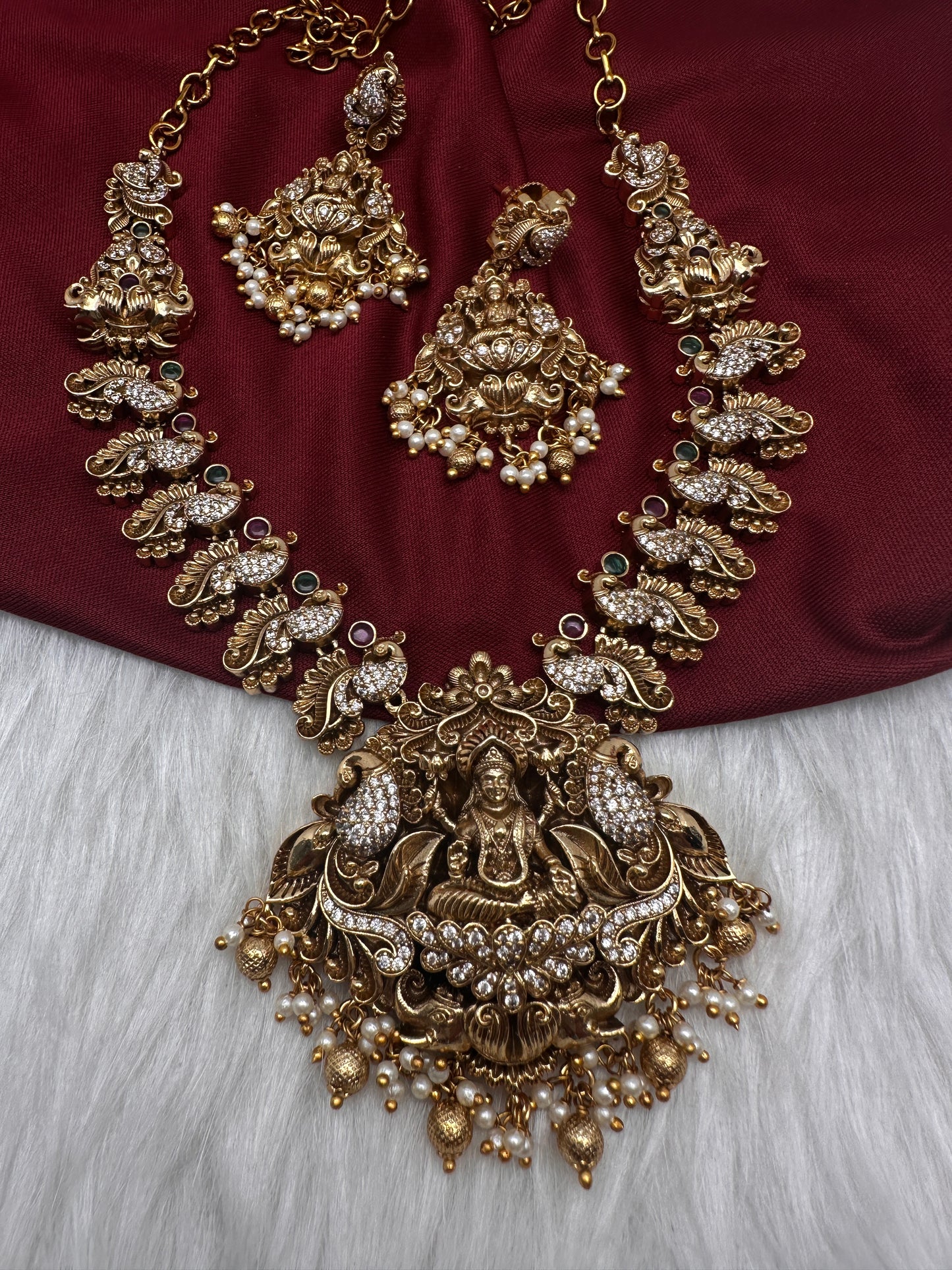 Nakshi Goddess Lakshmi Peacock Matte Antique Short Necklace - 