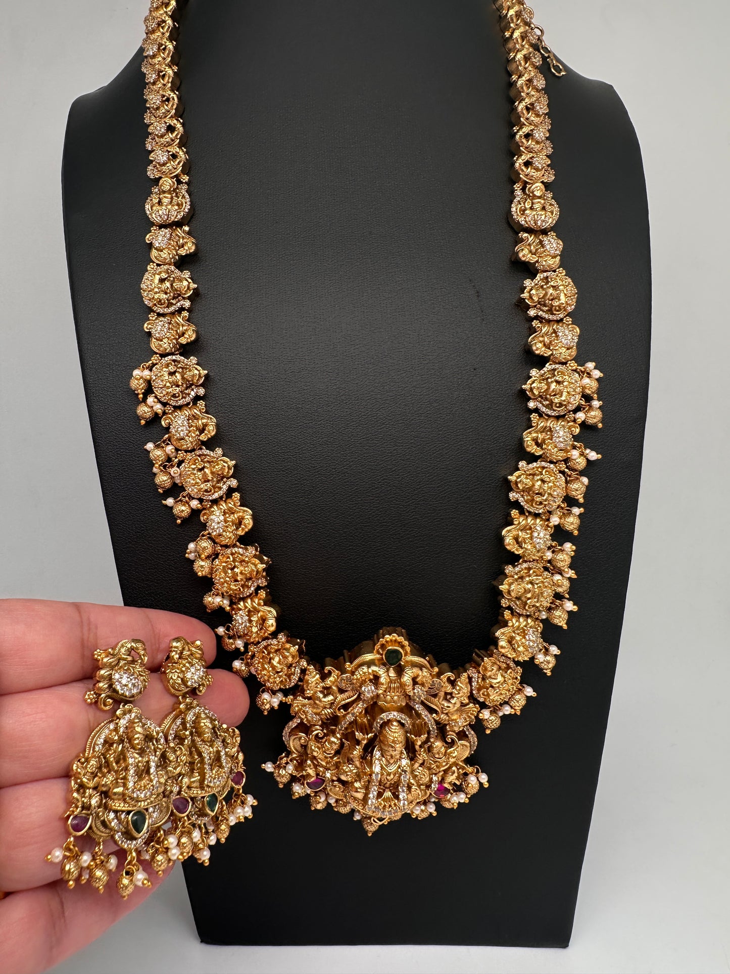 Nakshi Goddess Lakshmi Peacock Matte Antique Long  Necklace - 