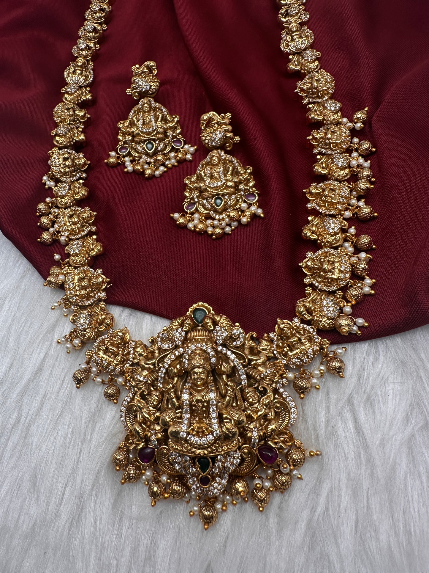 Nakshi Goddess Lakshmi Peacock Matte Antique Long  Necklace - 