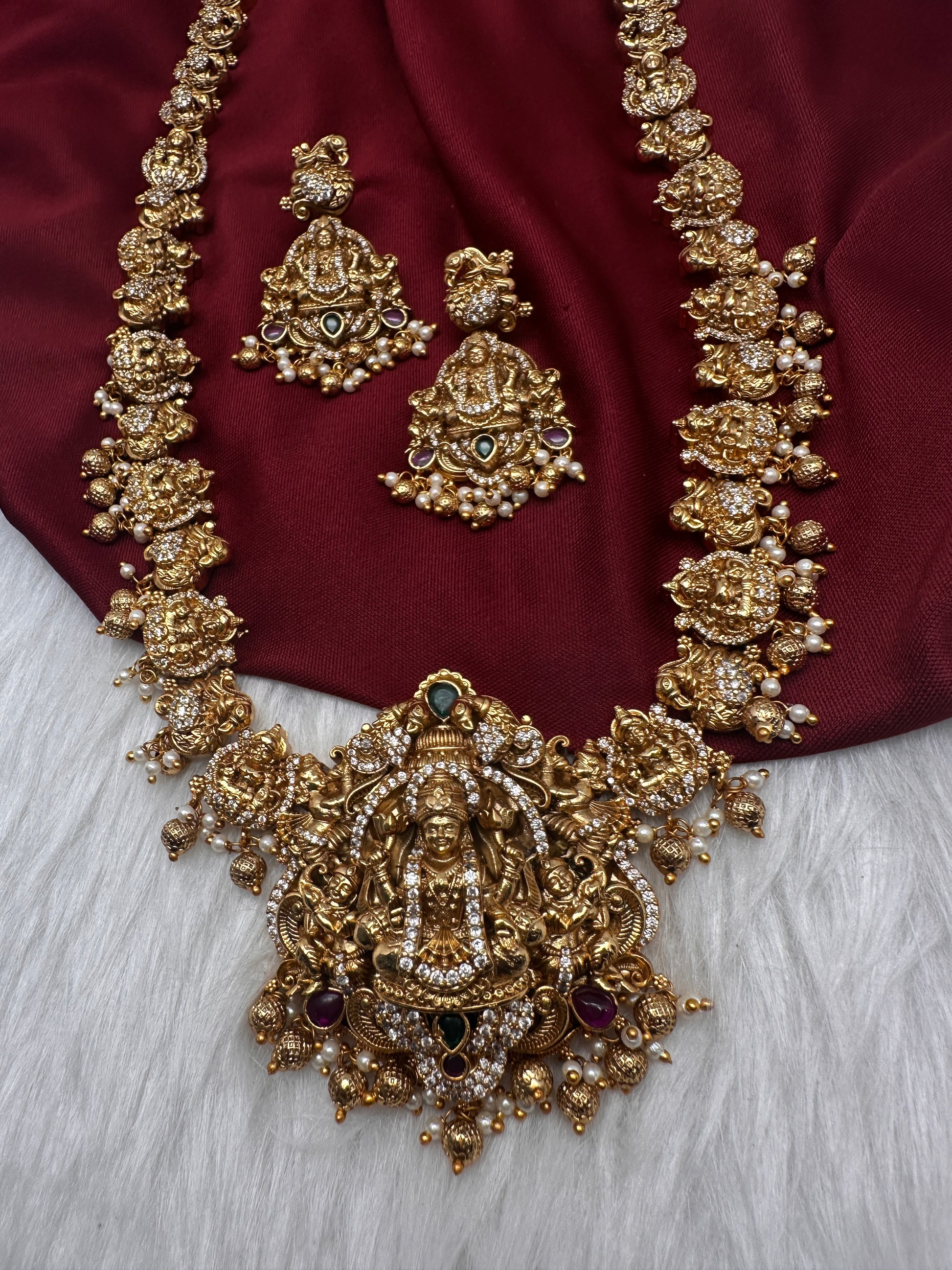 Nakshi Goddess Lakshmi Peacock Matte Antique Long  Necklace - 