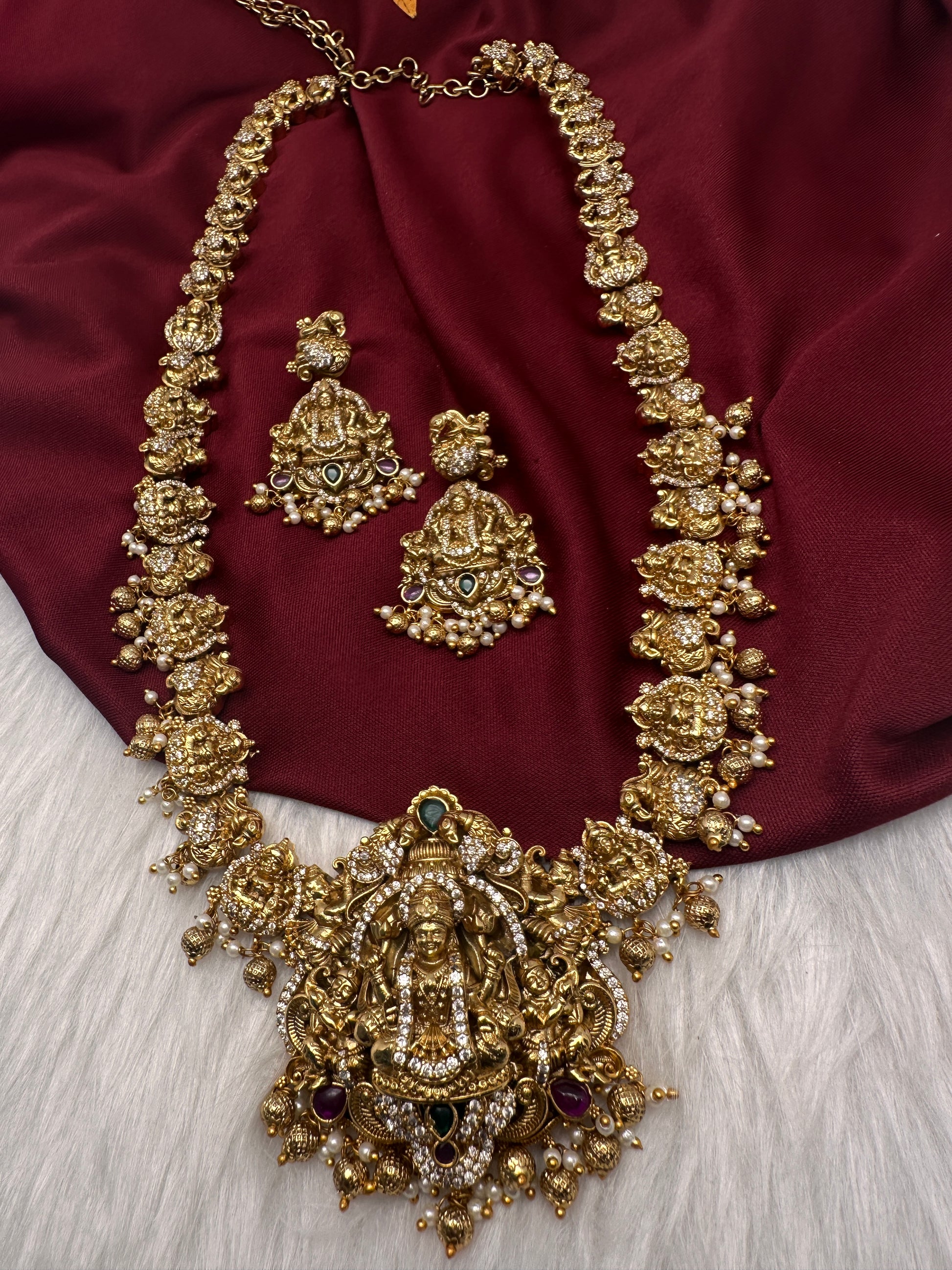 Nakshi Goddess Lakshmi Peacock Matte Antique Long  Necklace - 