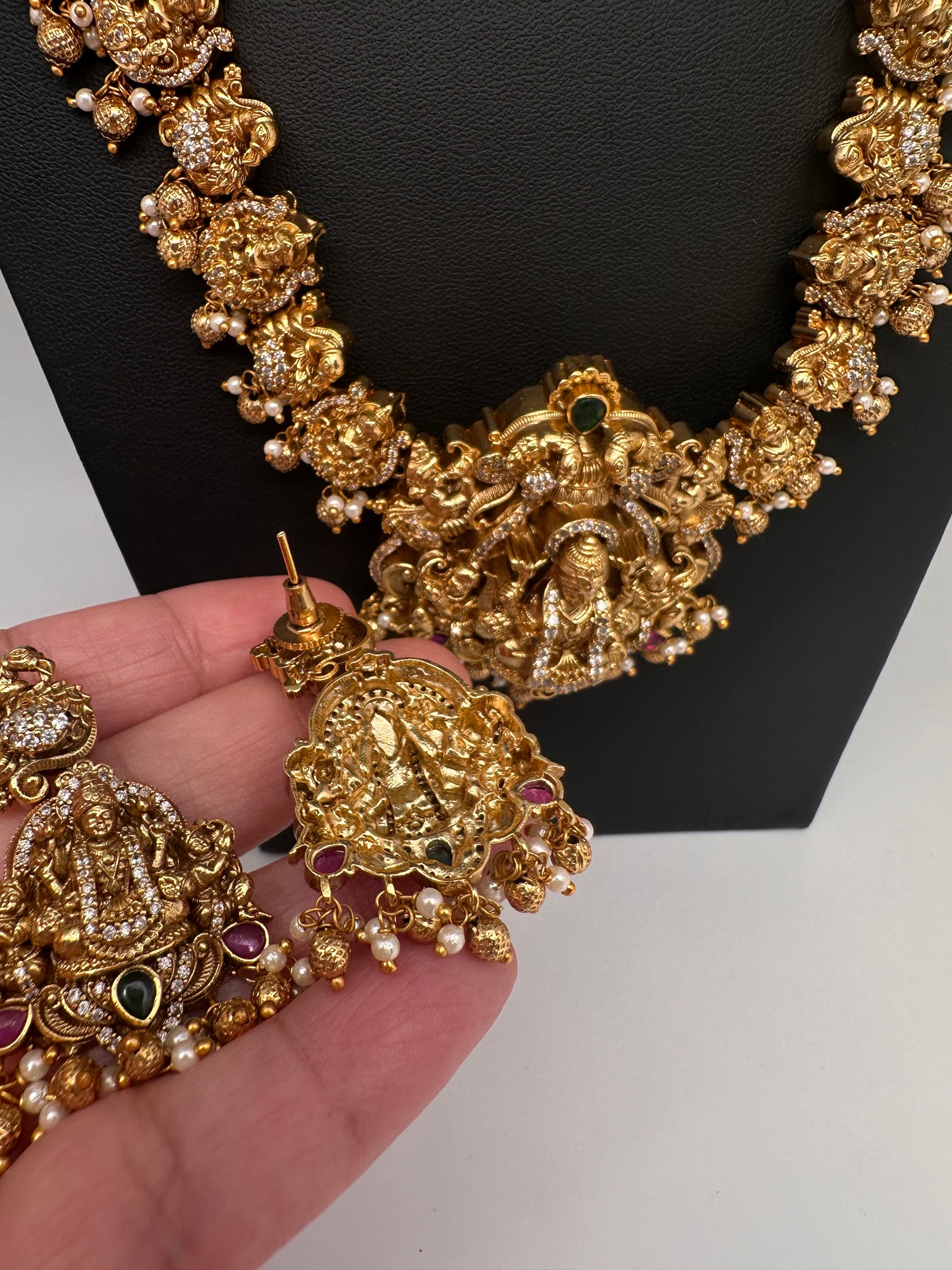 Nakshi Goddess Lakshmi Peacock Matte Antique Long  Necklace - 
