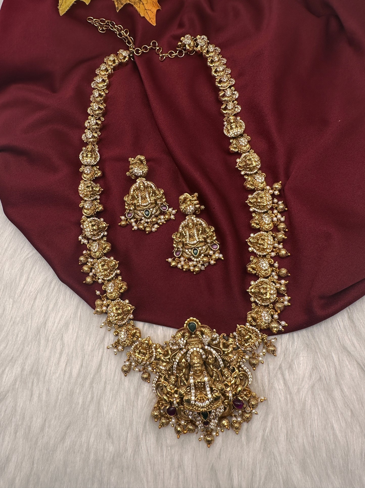 Nakshi Goddess Lakshmi Peacock Matte Antique Long  Necklace - 