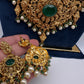 Nakshi Peacock Broad Long Necklace With Green Stones and Kempu - NK000123
