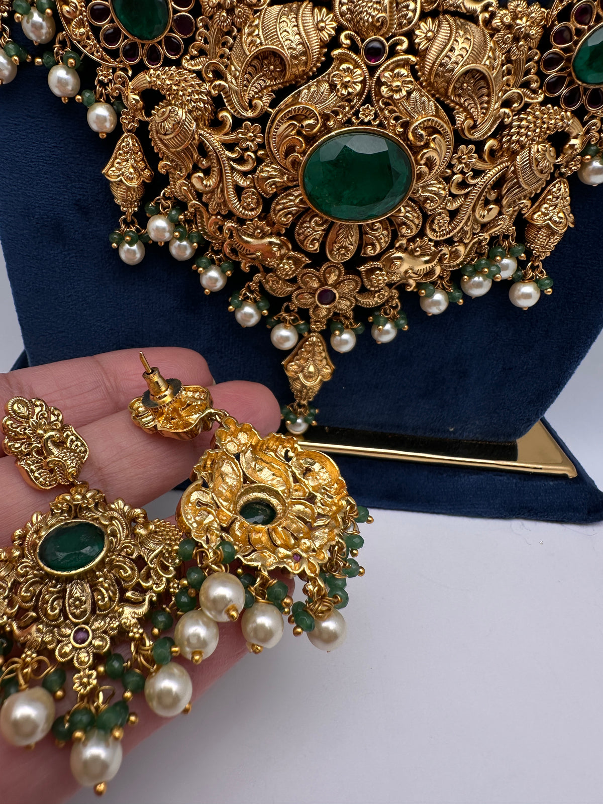 Nakshi Peacock Broad Long Necklace With Green Stones and Kempu - NK000123