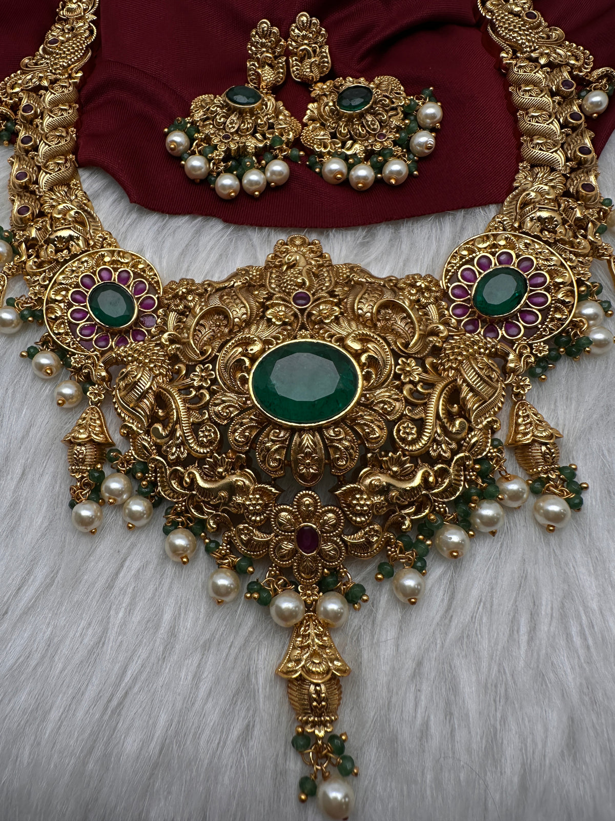 Nakshi Peacock Broad Long Necklace With Green Stones and Kempu - NK000123