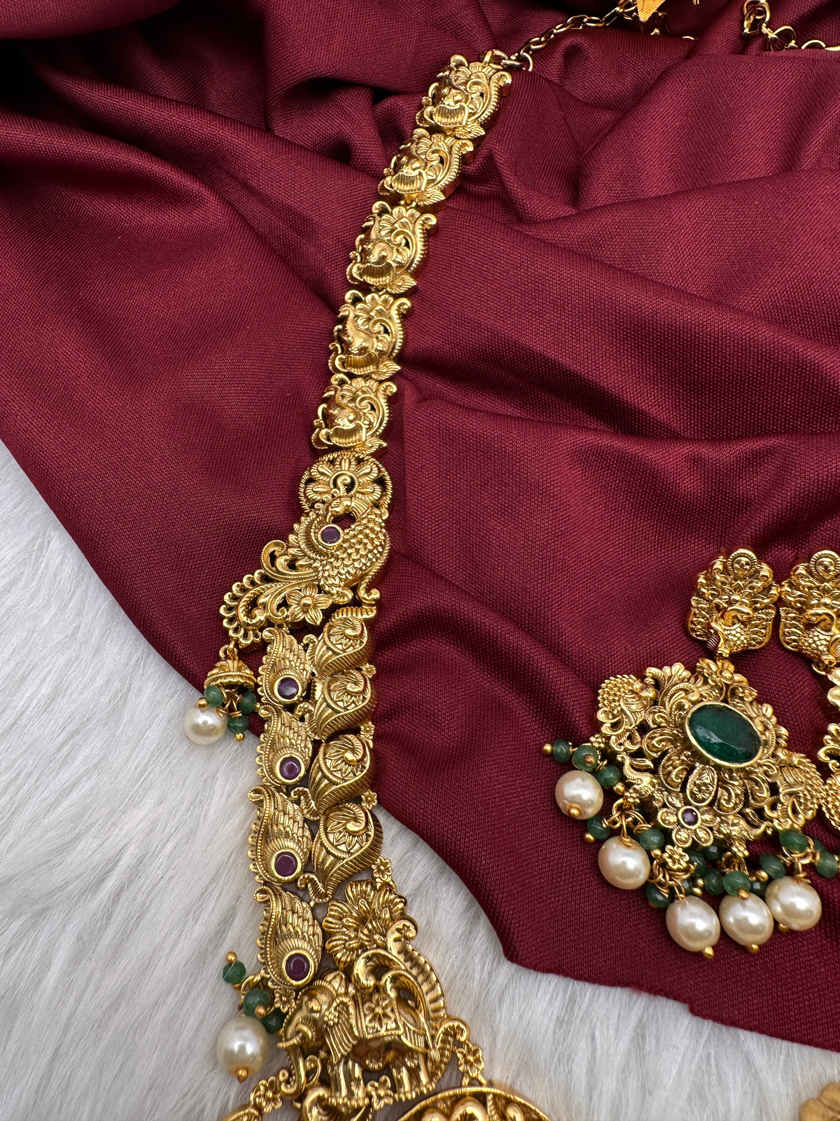Nakshi Peacock Broad Long Necklace With Green Stones and Kempu - NK000123