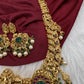 Nakshi Peacock Broad Long Necklace With Green Stones and Kempu - NK000123