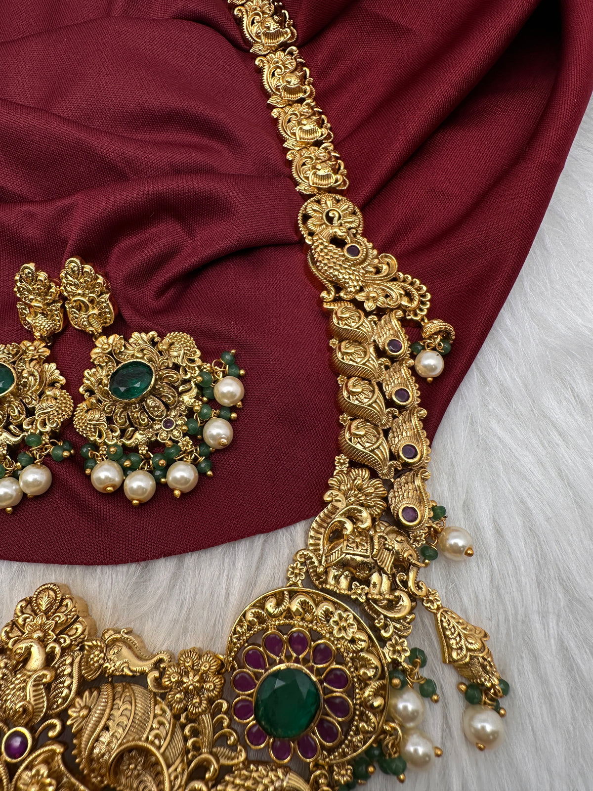 Nakshi Peacock Broad Long Necklace With Green Stones and Kempu - NK000123