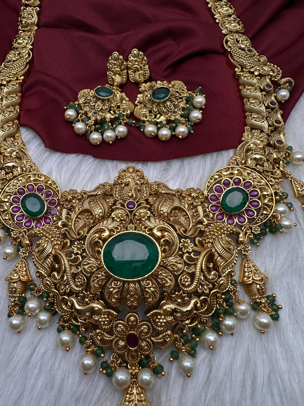 Nakshi Peacock Broad Long Necklace With Green Stones and Kempu - NK000123