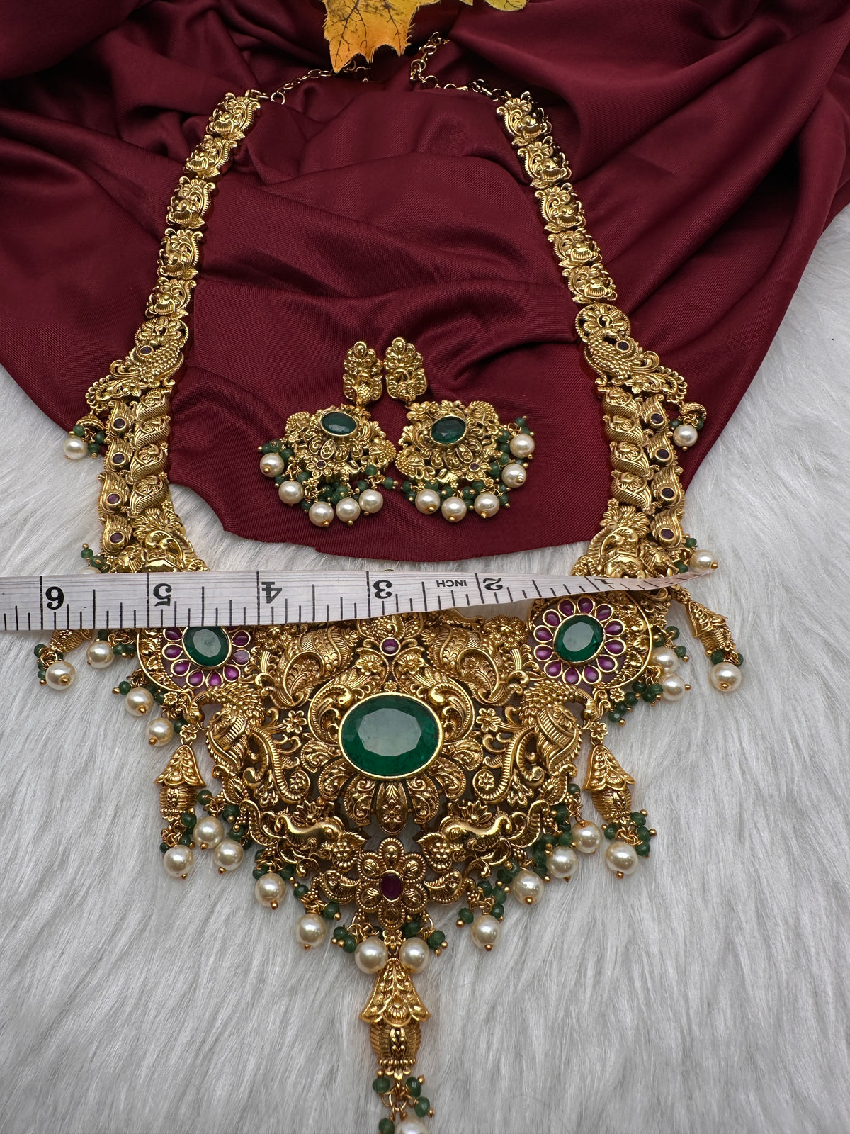 Nakshi Peacock Broad Long Necklace With Green Stones and Kempu - NK000123