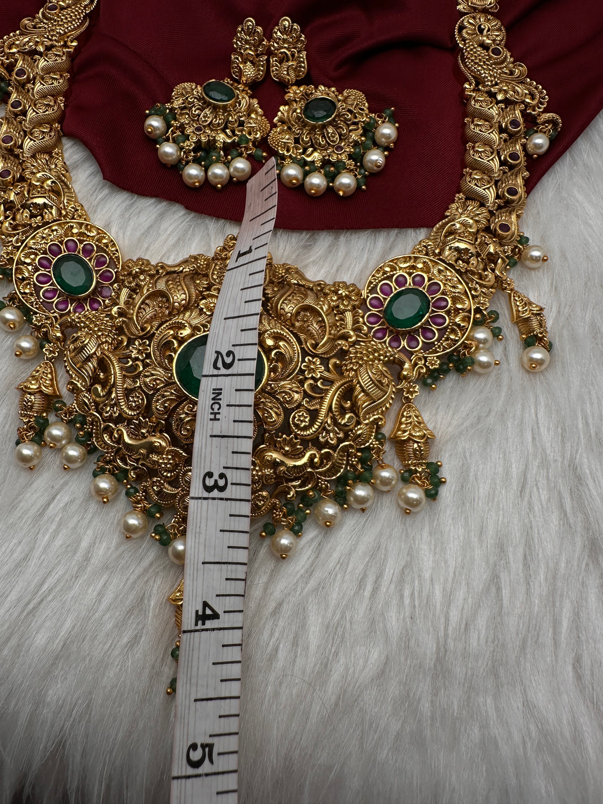 Nakshi Peacock Broad Long Necklace With Green Stones and Kempu - NK000123
