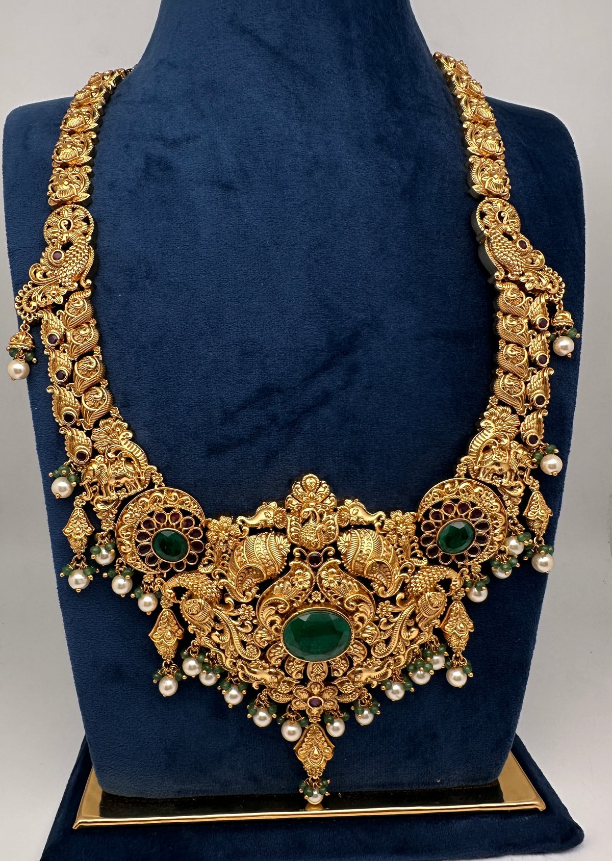 Nakshi Peacock Broad Long Necklace With Green Stones and Kempu - NK000123