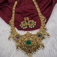 Nakshi Peacock Broad Long Necklace With Green Stones and Kempu - NK000123