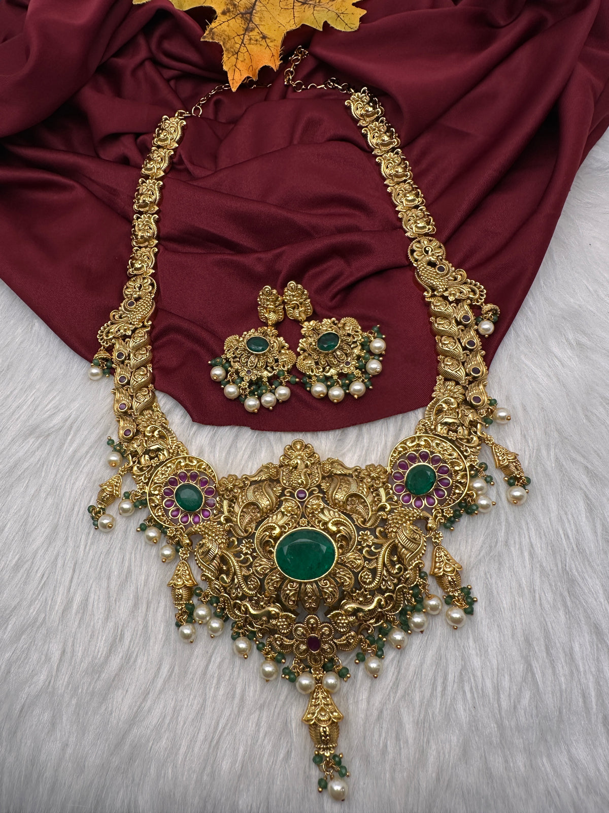 Nakshi Peacock Broad Long Necklace With Green Stones and Kempu - NK000123